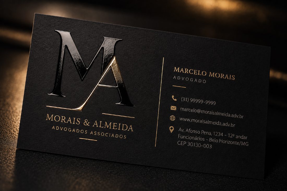Cartão de visita premium em couchê 300g com verniz localizado dourado